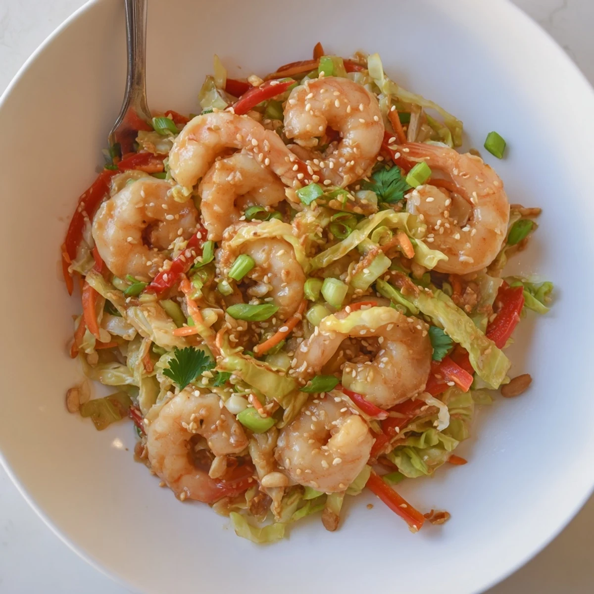 Bowl of Delicious Asian Shrimp And Cabbage Stir Fry topped with toasted sesame seeds.