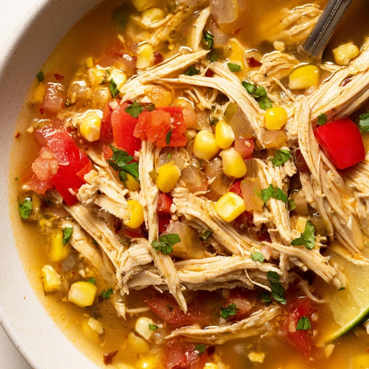 Bowl of Bold Zesty Chicken Lime Soup Recipe garnished with cilantro and avocado