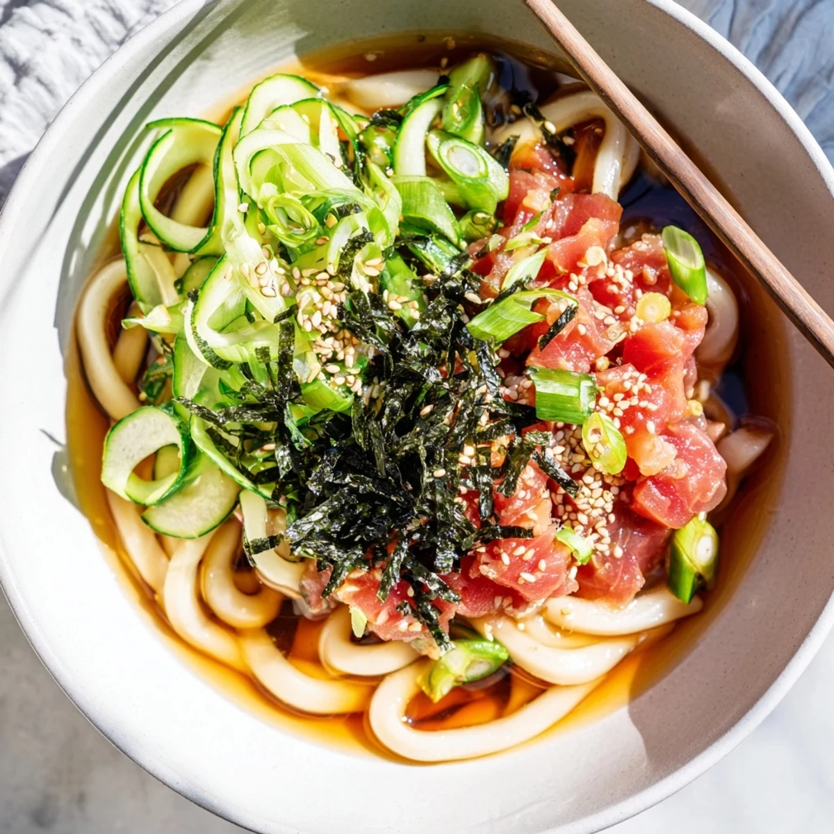 Spicy tuna udon noodle bowl topped with marinated tuna, green onions, and sesame seeds