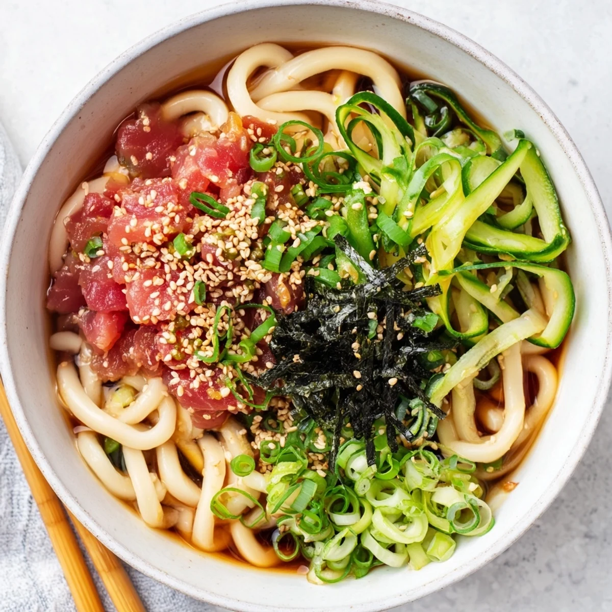 Japanese spicy tuna udon served in steaming broth with fresh cucumber and nori garnish