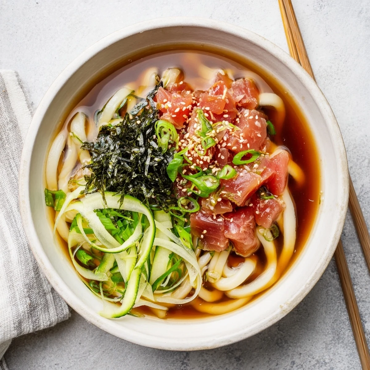 Bowl of spicy tuna udon featuring thick noodles, chili-mayo tuna, and crisp vegetables