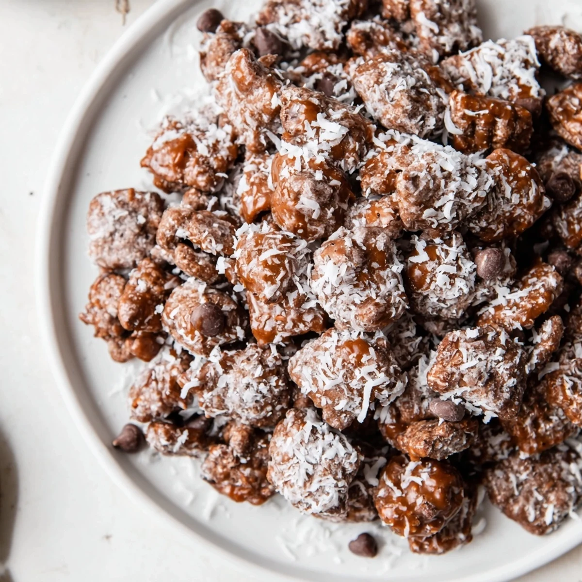 Samoas Puppy Chow Cereal piled in a bowl, chocolate-caramel aroma.  