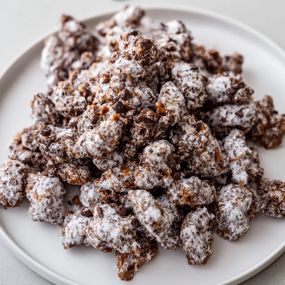 Crunchy Samoas Puppy Chow Cereal spread on parchment for cooling, ready to gift.