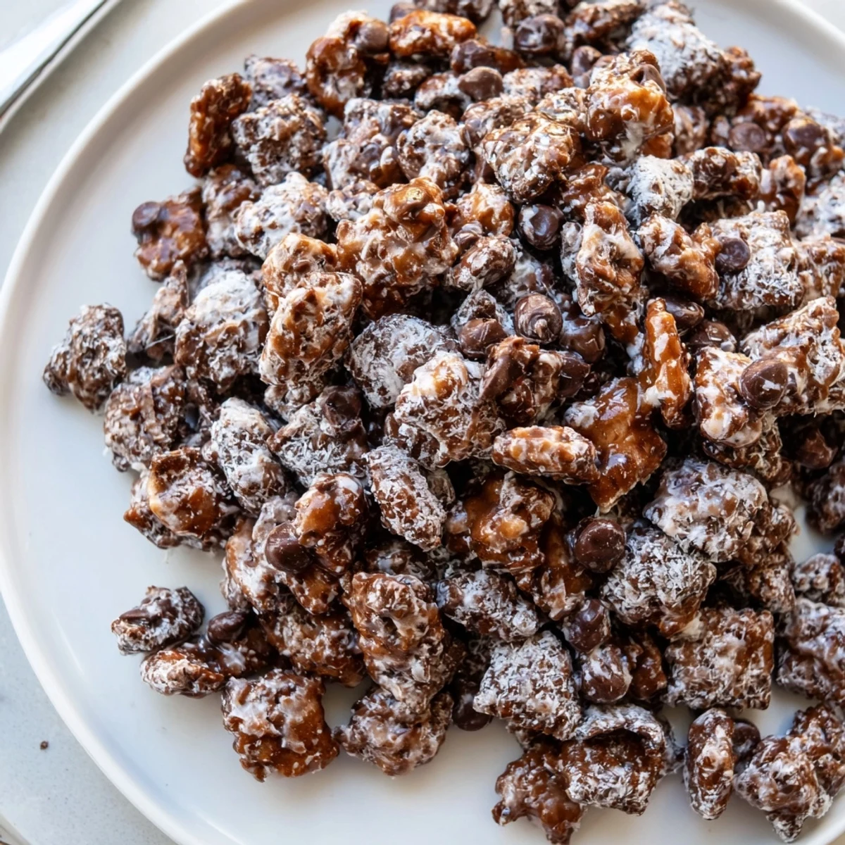 Warm Samoas Puppy Chow Cereal tossed with toasted coconut and powdered sugar.  