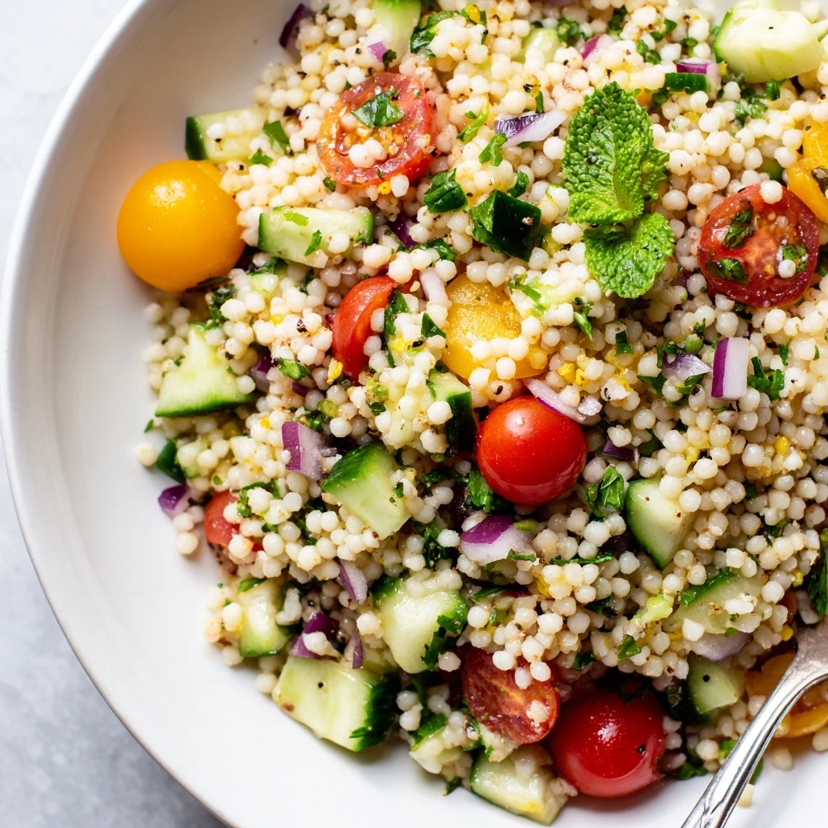 Cucumber Lemon Couscous Salad with fluffy grains, bright lemon, fresh mint