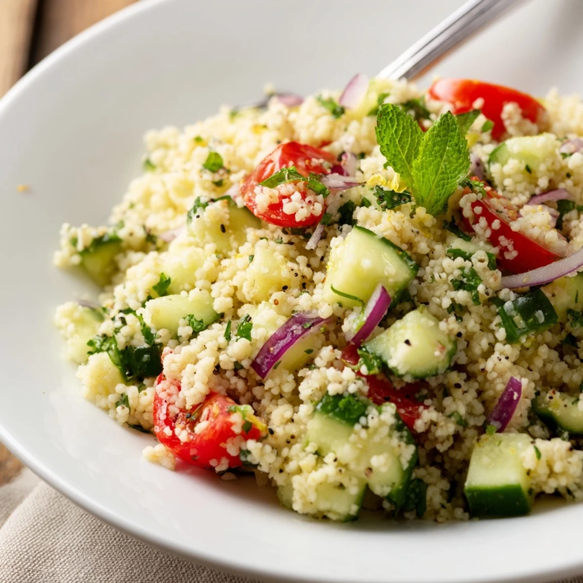 Bowl of Cucumber Lemon Couscous Salad chilled, tangy, studded with cherry tomatoes