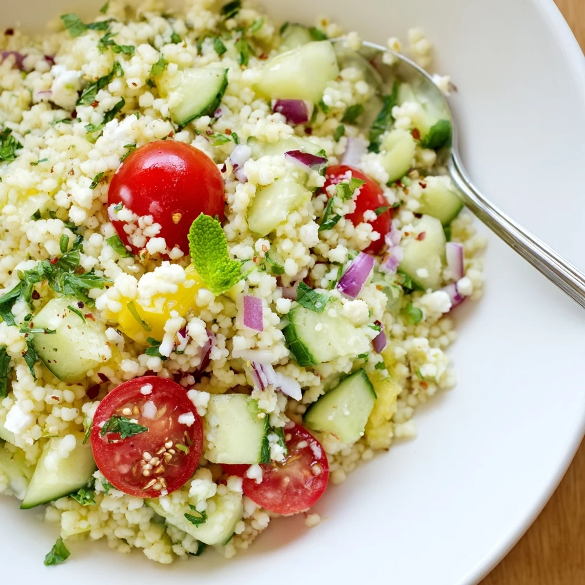 Serving suggestion: Cucumber Lemon Couscous Salad as vibrant side for grilled shrimp