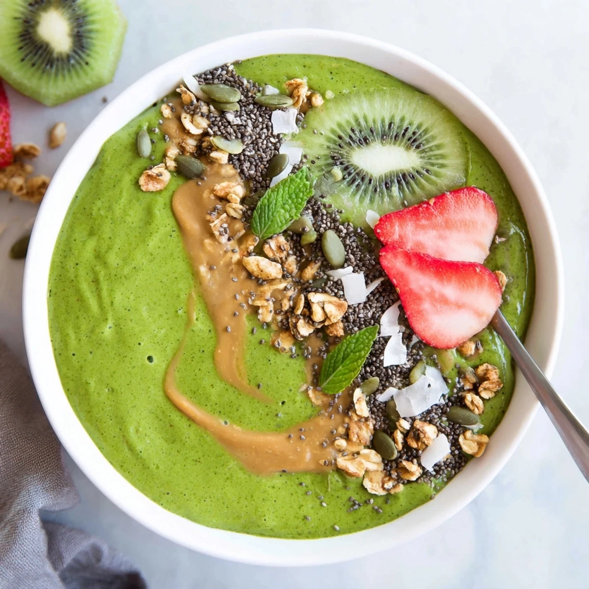 Green Smoothie Bowls topped with sliced kiwi, strawberries, crunchy granola, and mint