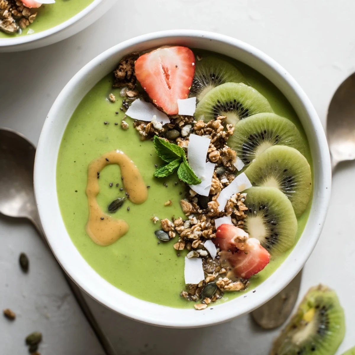 Creamy Green Smoothie Bowls garnished with coconut flakes, pumpkin seeds, ready to eat