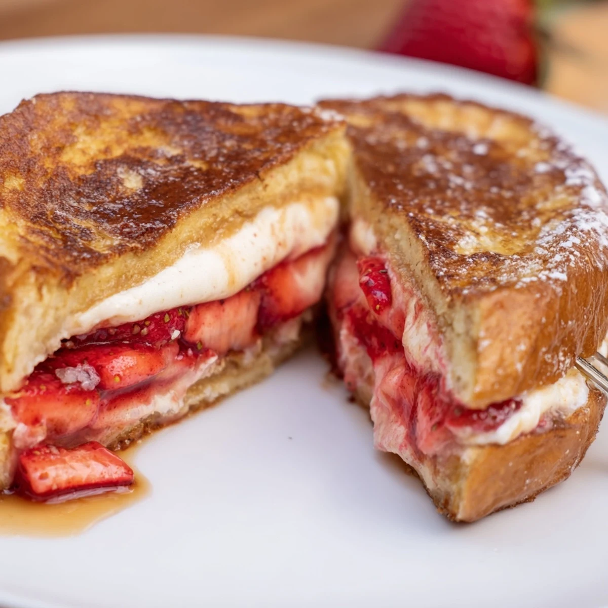 Cream Cheese Stuffed French Toast With Strawberry Drizzle, warm golden slices and creamy center
