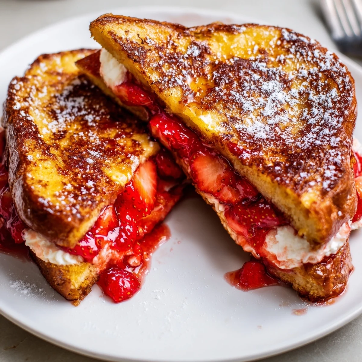 Cream Cheese Stuffed French Toast With Strawberry Drizzle spooned with syrupy fresh strawberry sauce