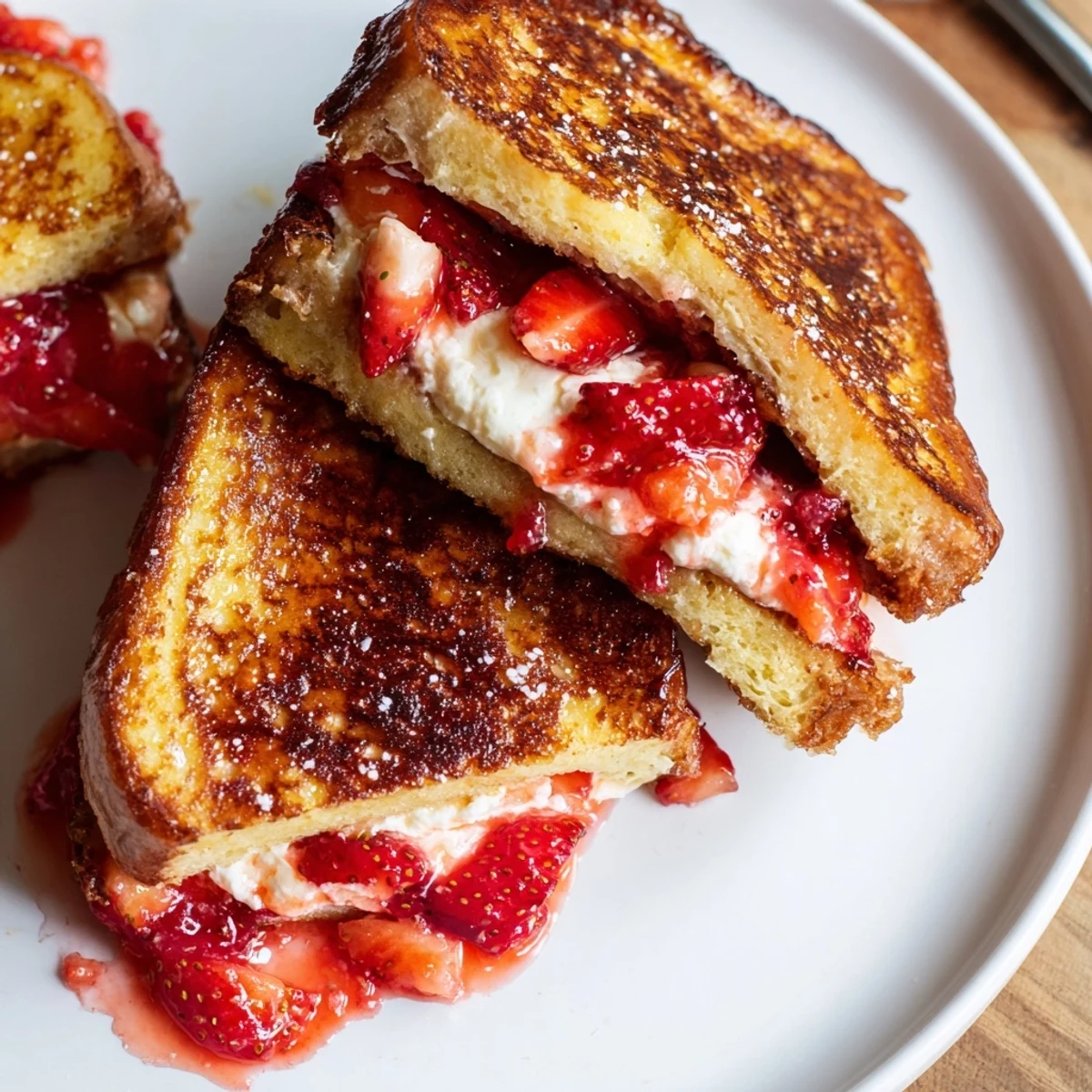 Cream Cheese Stuffed French Toast With Strawberry Drizzle topped with whipped cream