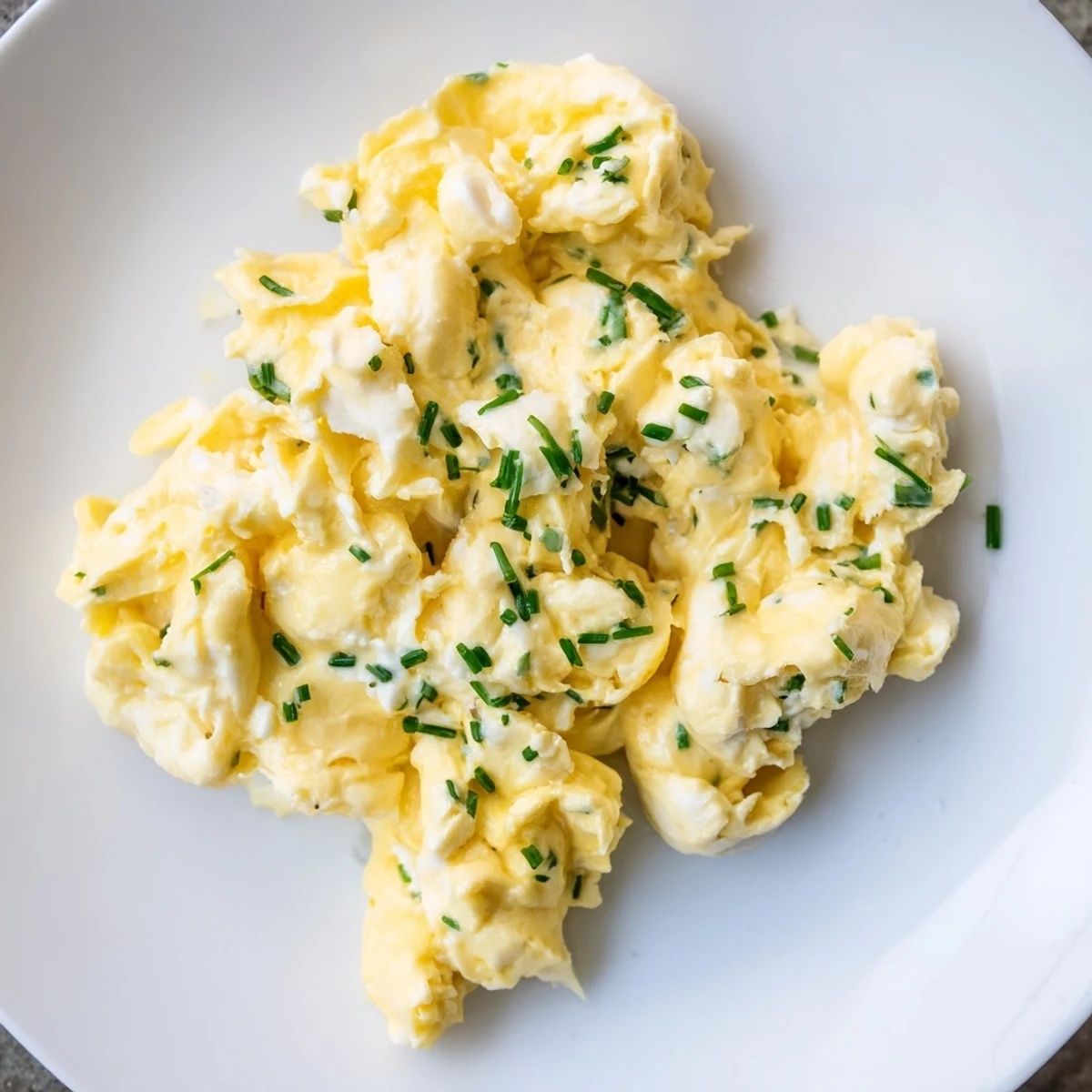 Bright Cottage Cheese Scrambled Eggs with Chives garnished, warm skillet, fresh herb aroma