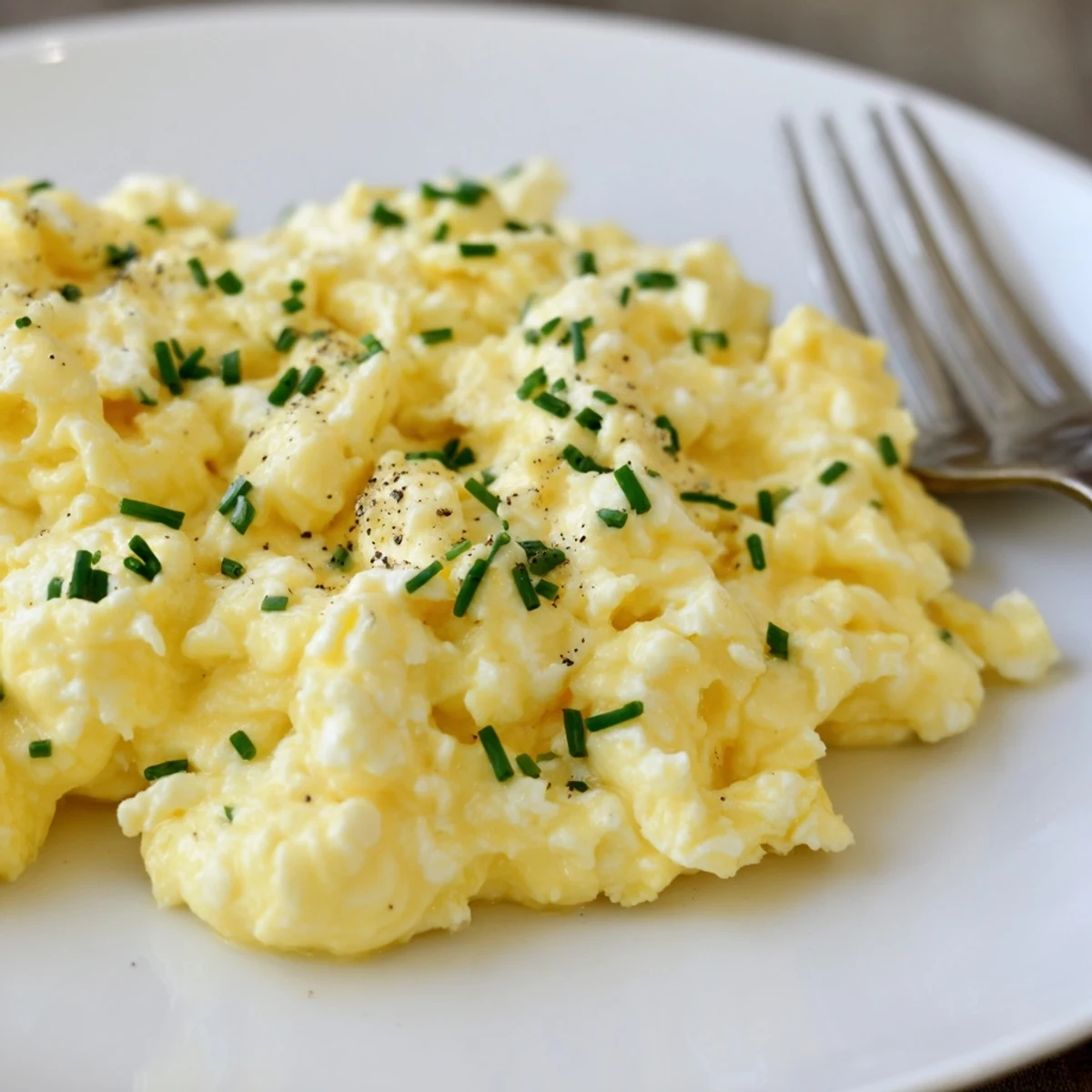 Creamy Cottage Cheese Scrambled Eggs with Chives, served alongside toasted sourdough slices