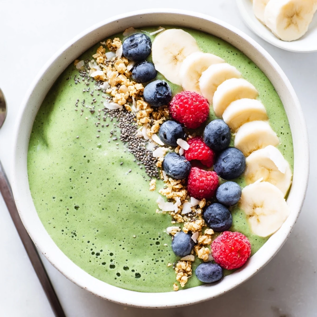 Creamy Green Smoothie Bowl with Spirulina, Banana & Hemp Seeds, berry-topped.