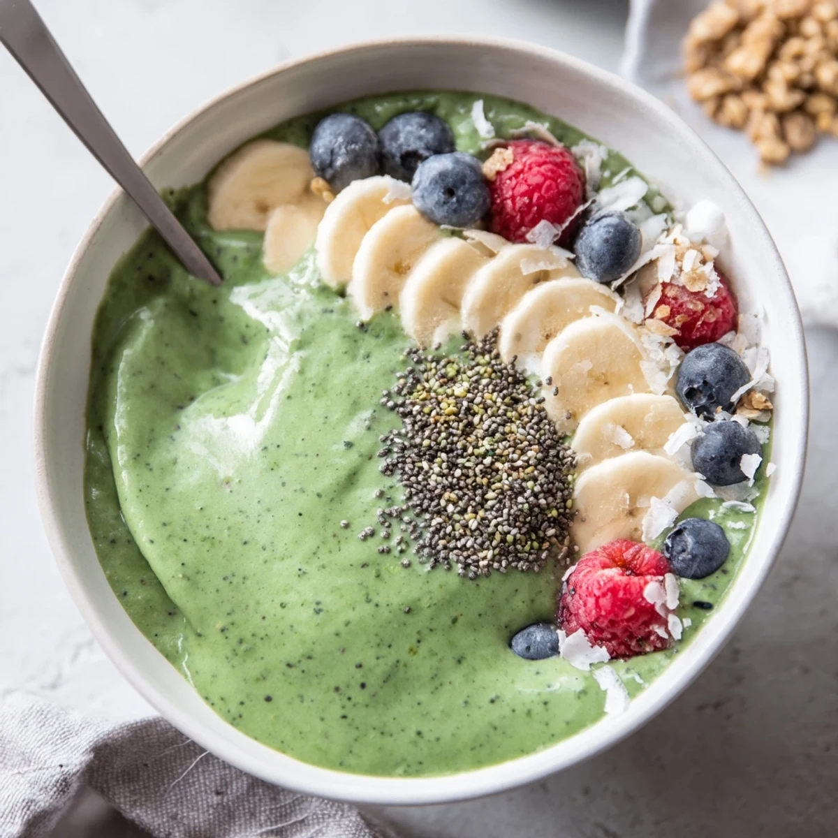 Served in a bowl, Green Smoothie Bowl with Spirulina, Banana & Hemp Seeds glistens.