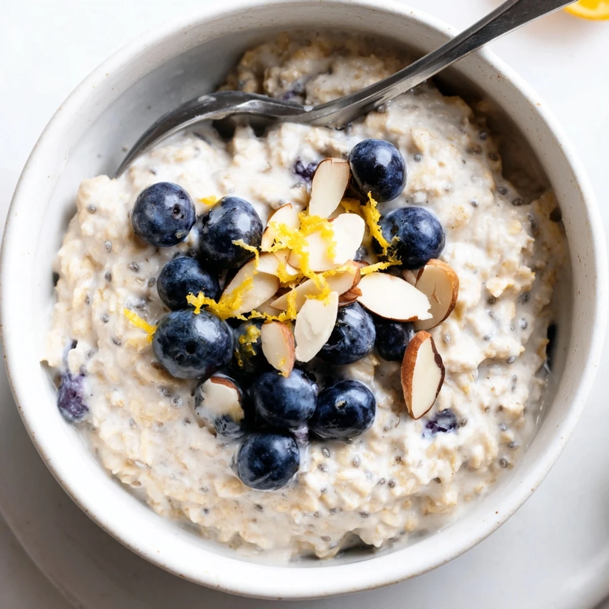 Chilled Blueberry Lemon Overnight Oats in jar, bright citrus aroma, ready-to-eat