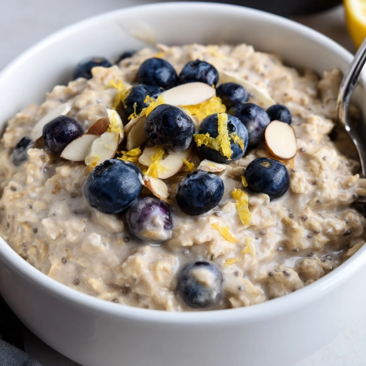 Make-ahead Blueberry Lemon Overnight Oats layered with yogurt, chia seeds, nuts