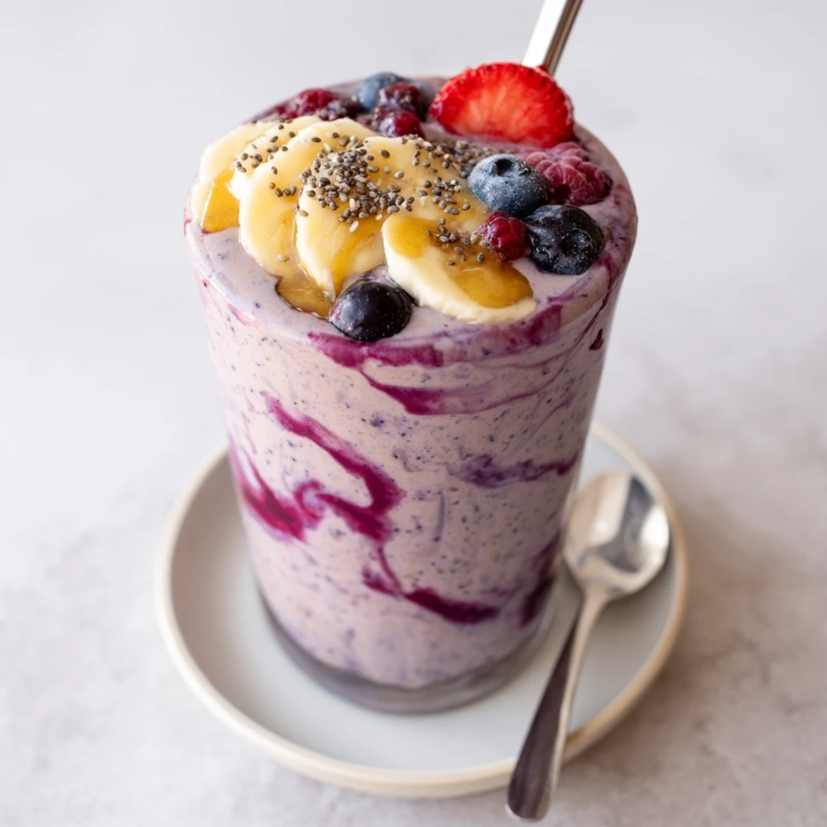 Summer Berry Smoothie in clear glass, creamy pink swirl, fresh berry garnish