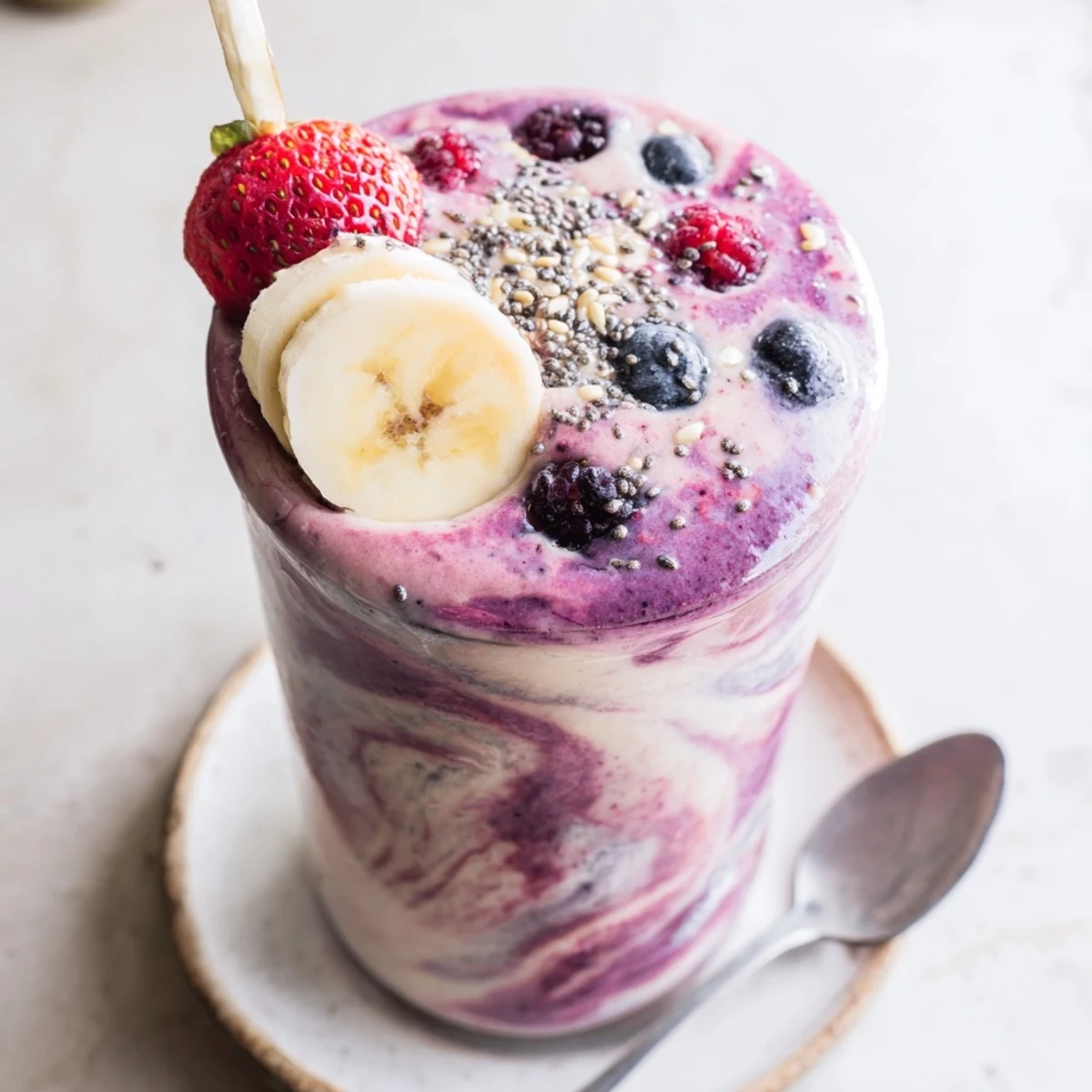 Bright Summer Berry Smoothie poured beside granola, cold condensation on glass