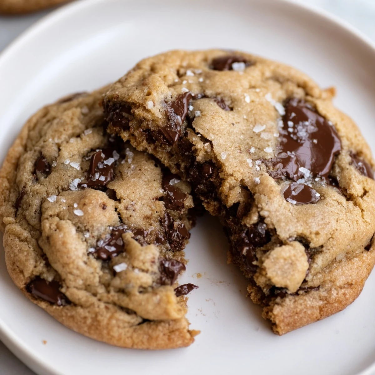 Brown Butter Chocolate Chip Cookies Recipe showing golden edges, chewy centers, sea salt