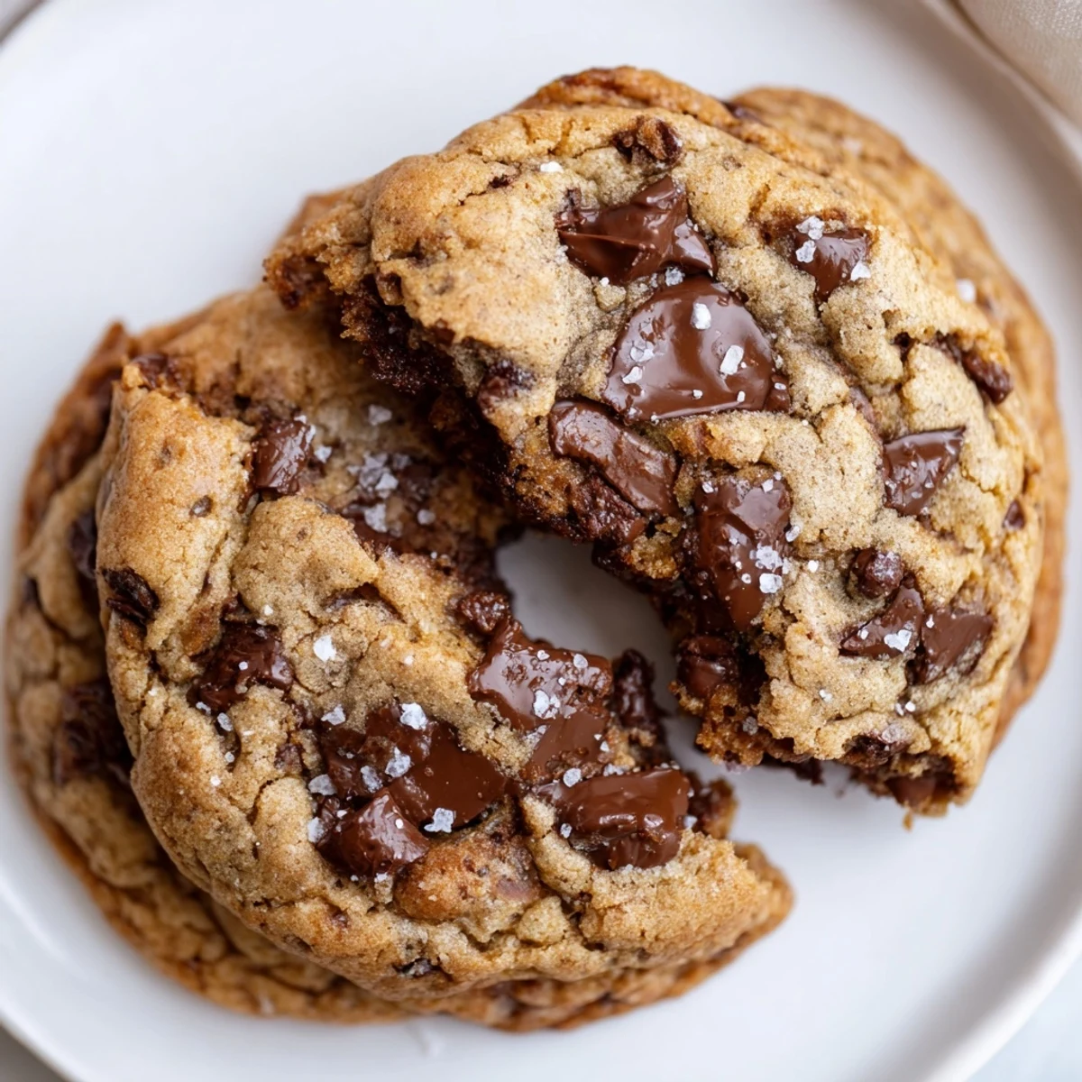 Plate of Brown Butter Chocolate Chip Cookies Recipe stacked, crisp edges, nutty butter scent