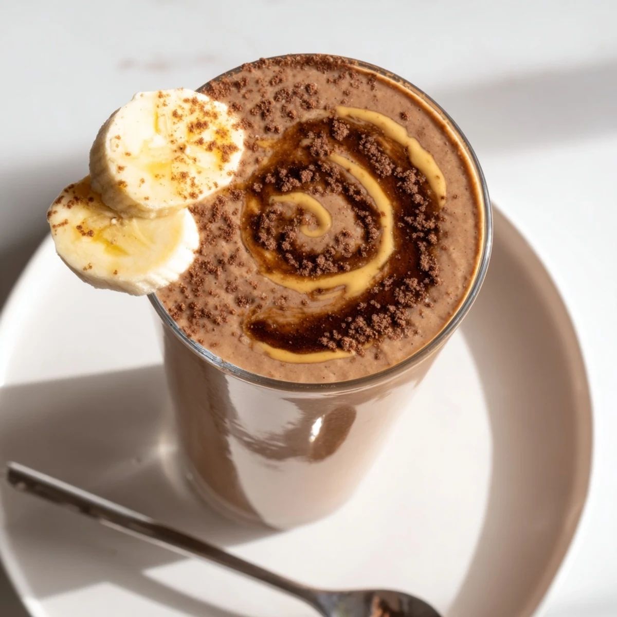 Creamy Chocolate Peanut Butter Banana smoothie served in glasses, garnished with sliced fruit.