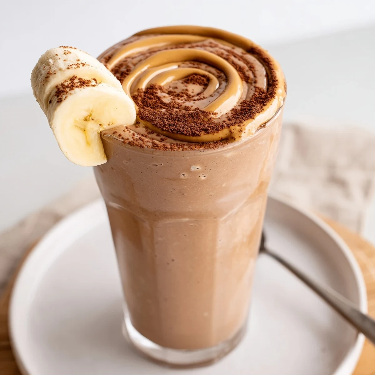 Thick Chocolate Peanut Butter Banana smoothie topped with peanut drizzle and crushed ice.