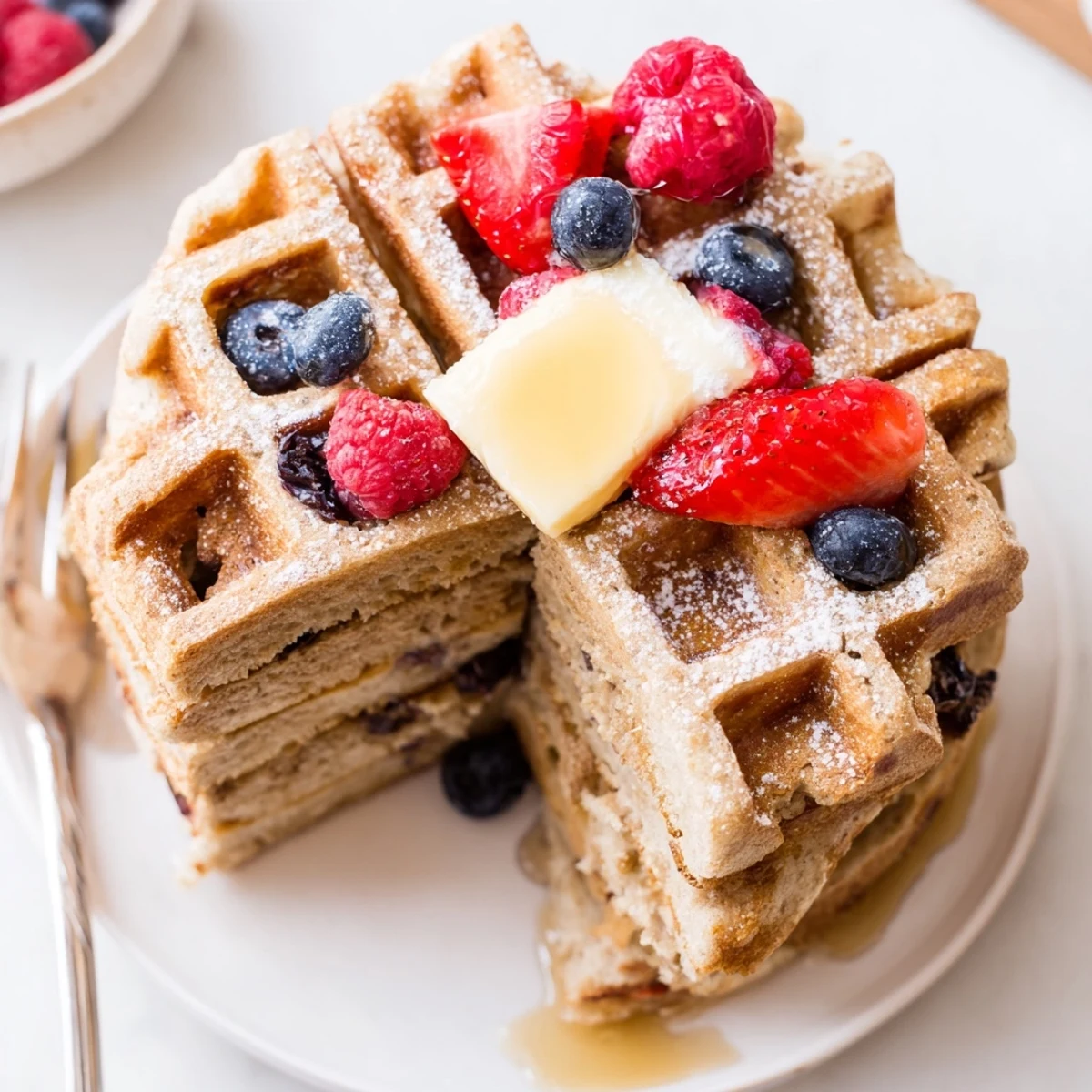 Almond Flour Waffles With Berries steaming on plate, golden crisp edges, maple drizzle
