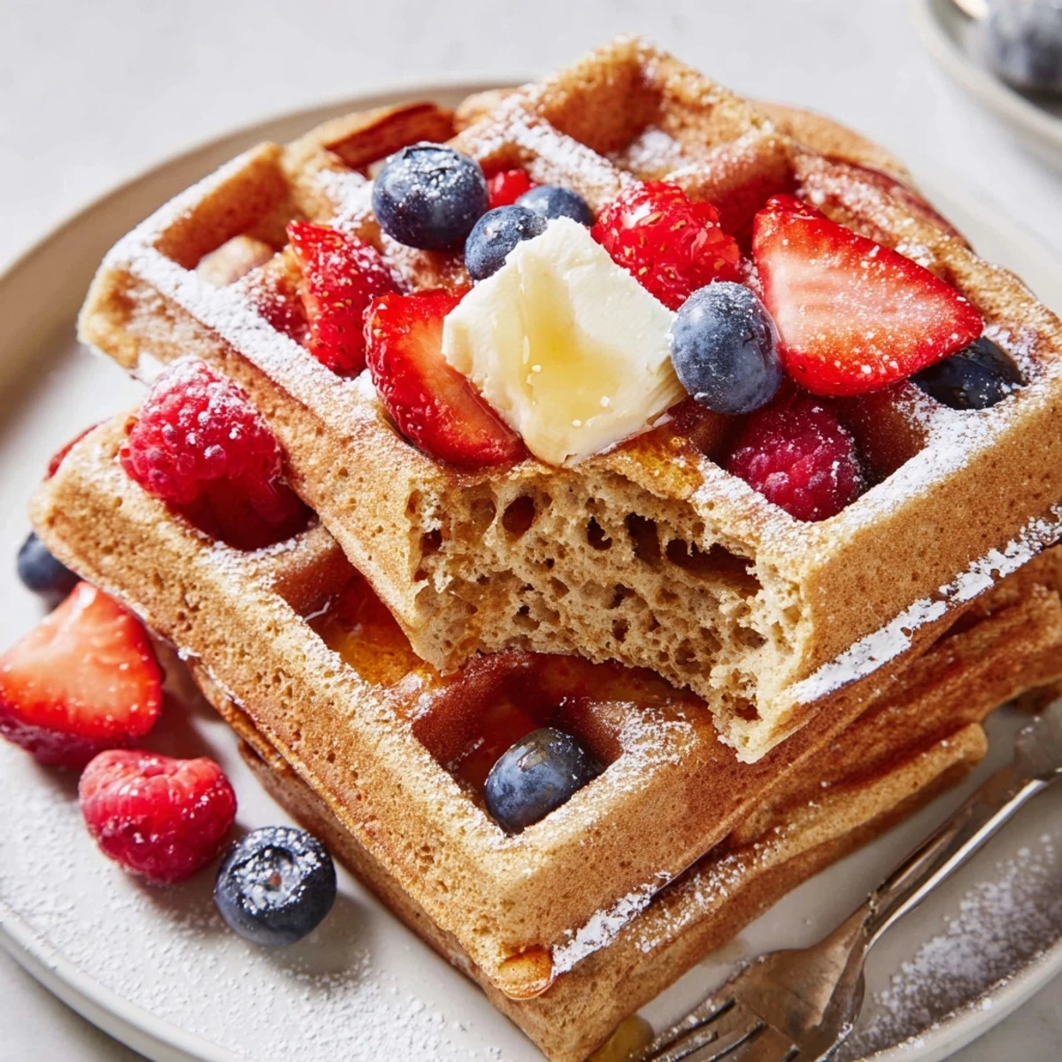 Crisp Almond Flour Waffles With Berries topped with powdered sugar and warm syrup