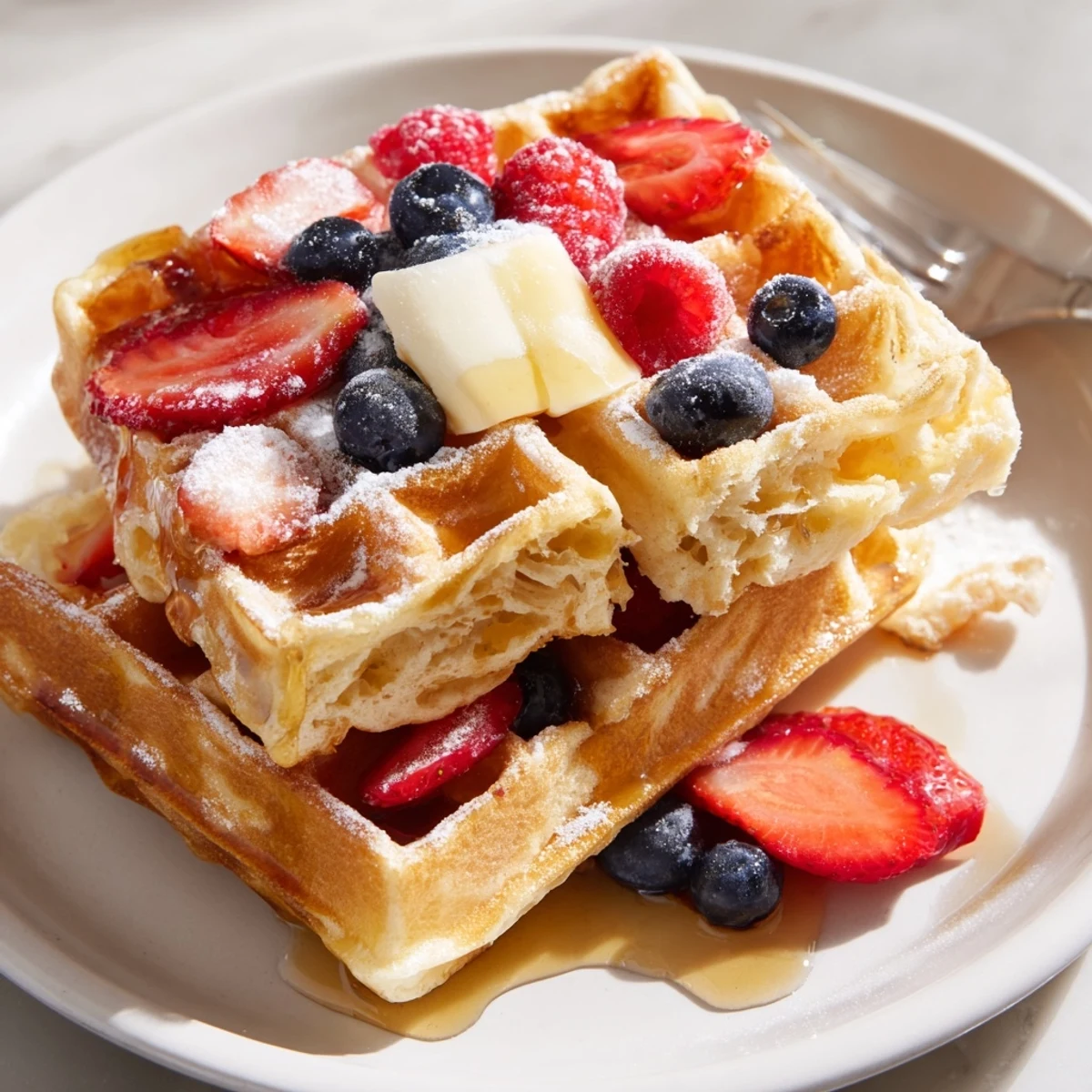 Almond Flour Waffles With Berries stacked for weekend brunch, butter melting, syrup glistening