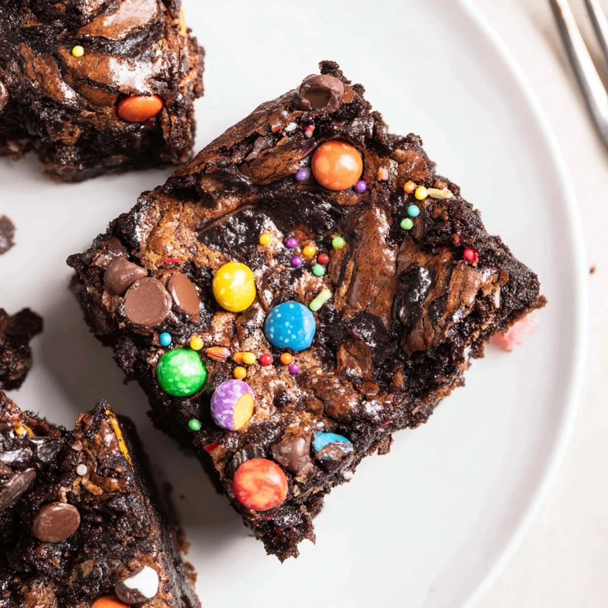Sourdough Cosmic Chocolate Brownies with glossy cracks, fudgy center, rainbow sprinkle topping