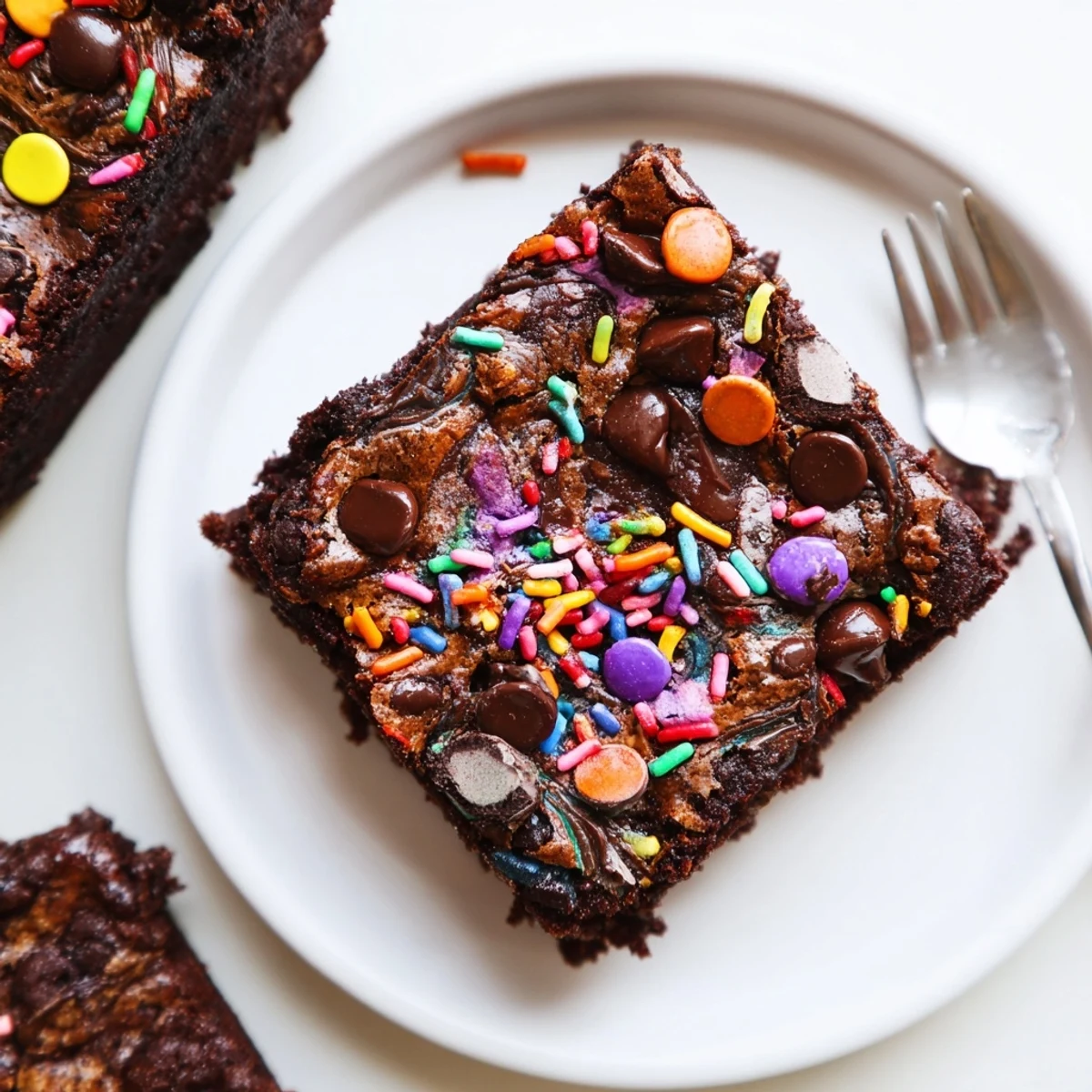Freshly cut Sourdough Cosmic Chocolate Brownies cooling in pan, chocolate chips melting