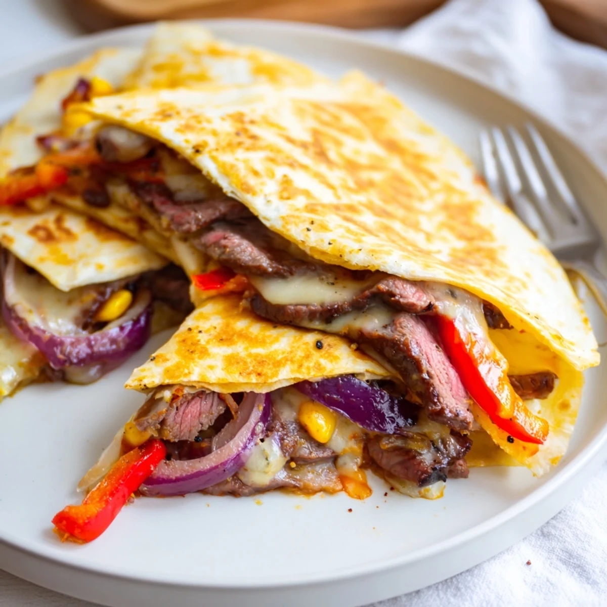 Pan-seared Sweet Savory Beef Quesadillas sliced into warm, golden wedges.