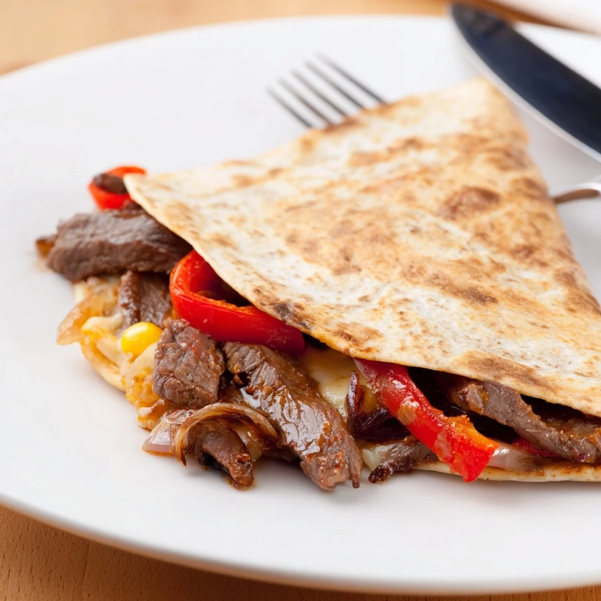 Sweet Savory Beef Quesadillas piled with caramelized onions, corn, cilantro, sour cream.