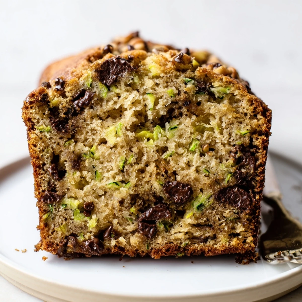 Warm Zucchini Banana Bread loaf with golden crust, sliced on wire rack.