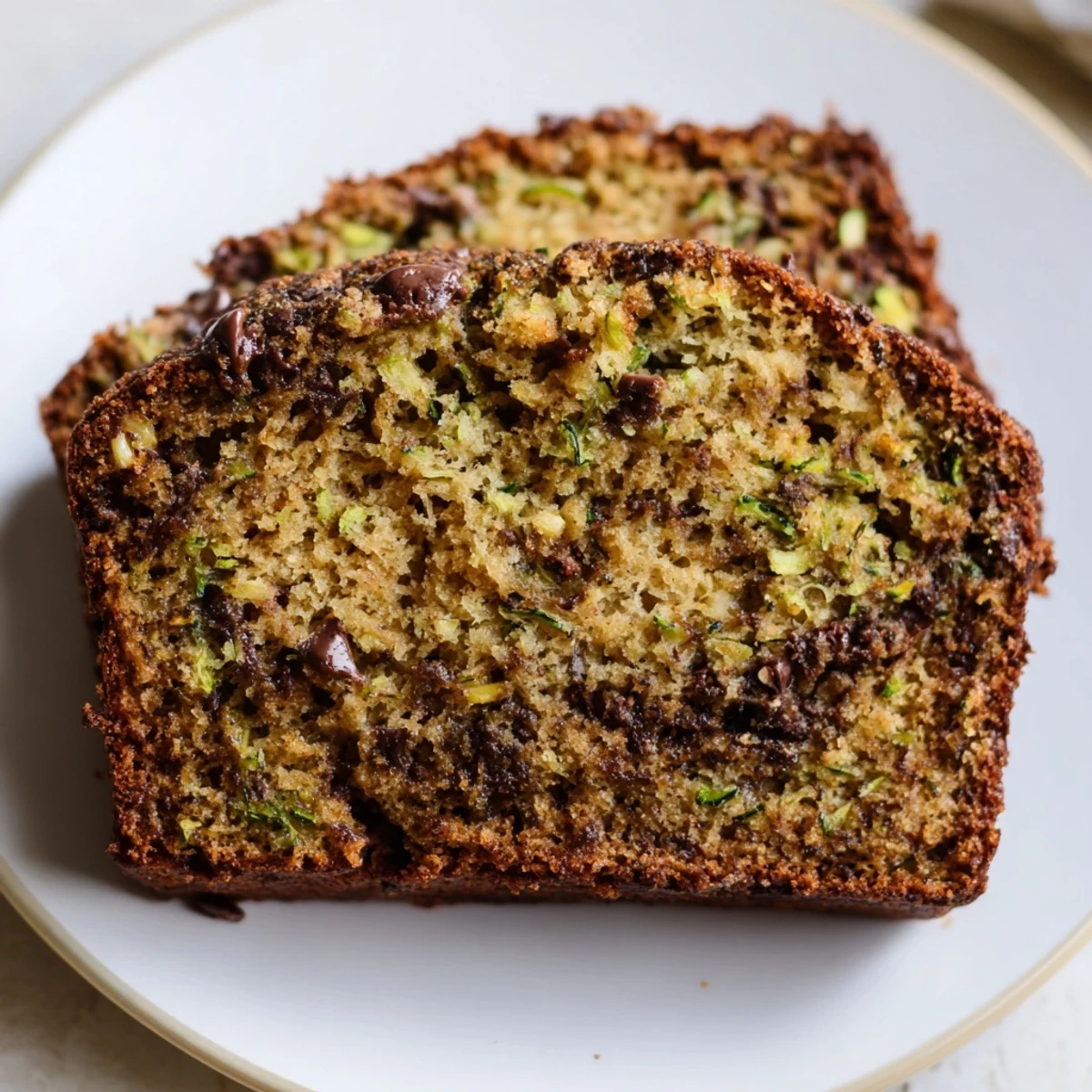 Moist Zucchini Banana Bread slices showing tender crumb beside steaming coffee.
