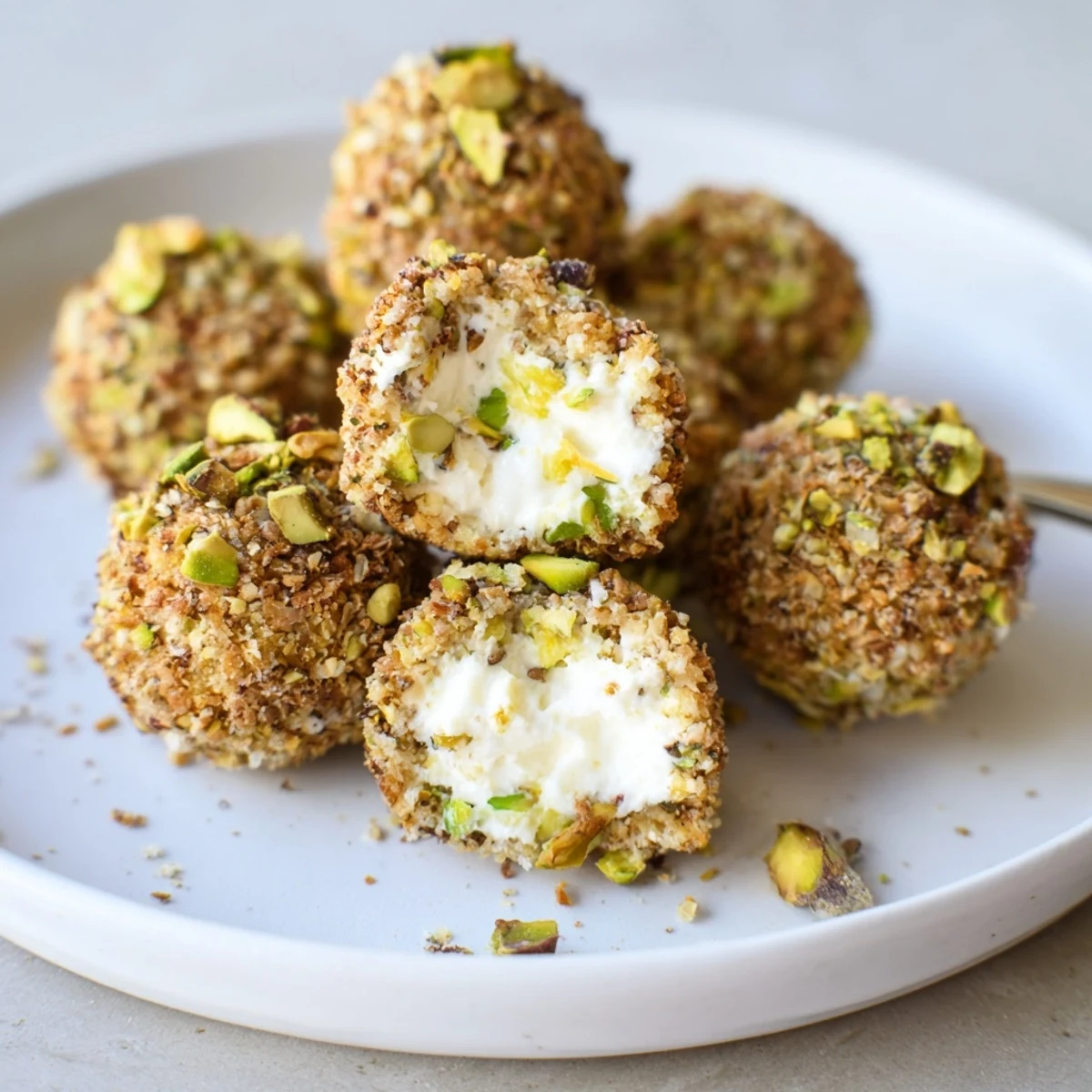 Savory Pistachio Crusted Cheese Bites arranged on platter, crunchy nut coating visible