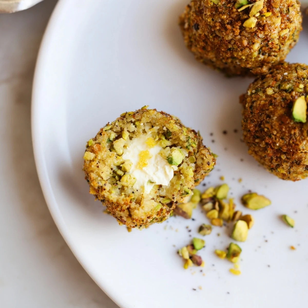 Bright lemon-zest flecks top Savory Pistachio Crusted Cheese Bites for tangy contrast