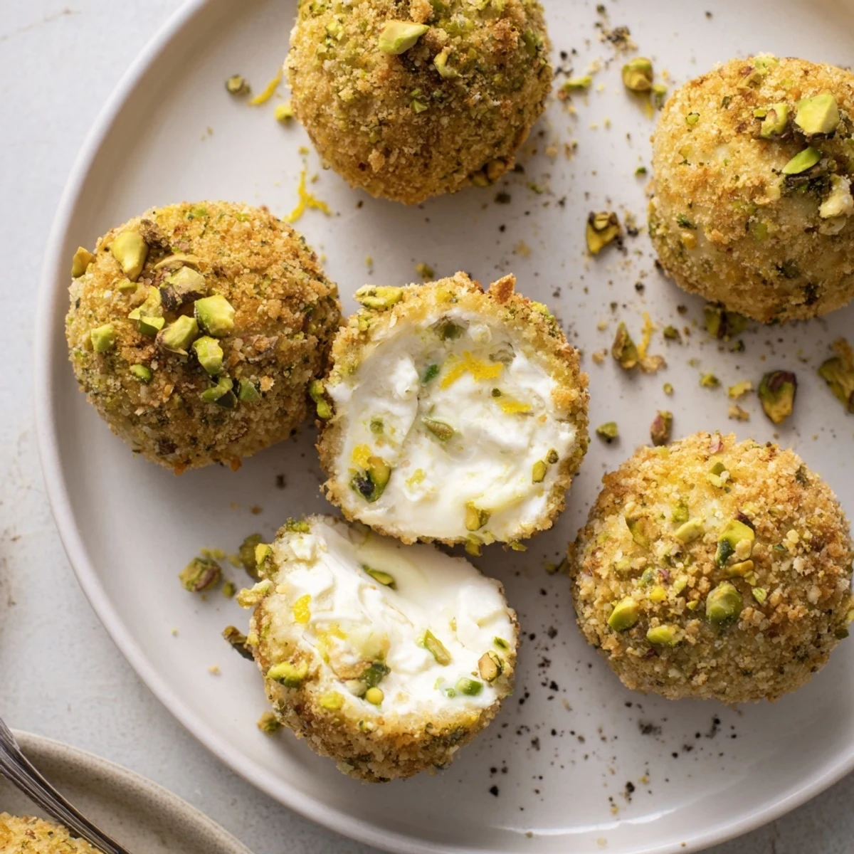 Creamy centers revealed in Savory Pistachio Crusted Cheese Bites chilled, served with crostini
