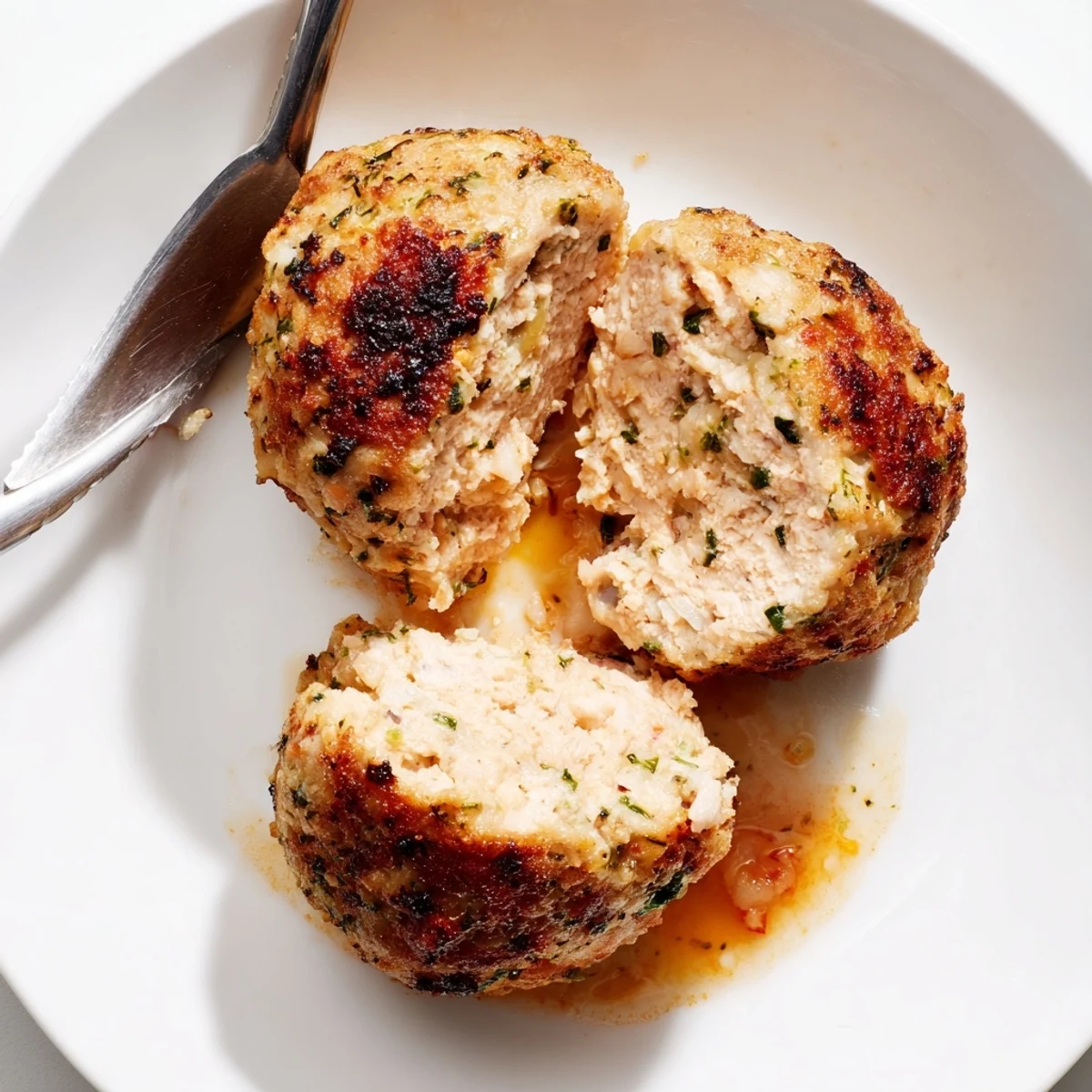 Juicy Chicken Meatballs glistening with herbs, crispy golden exterior, served over pasta