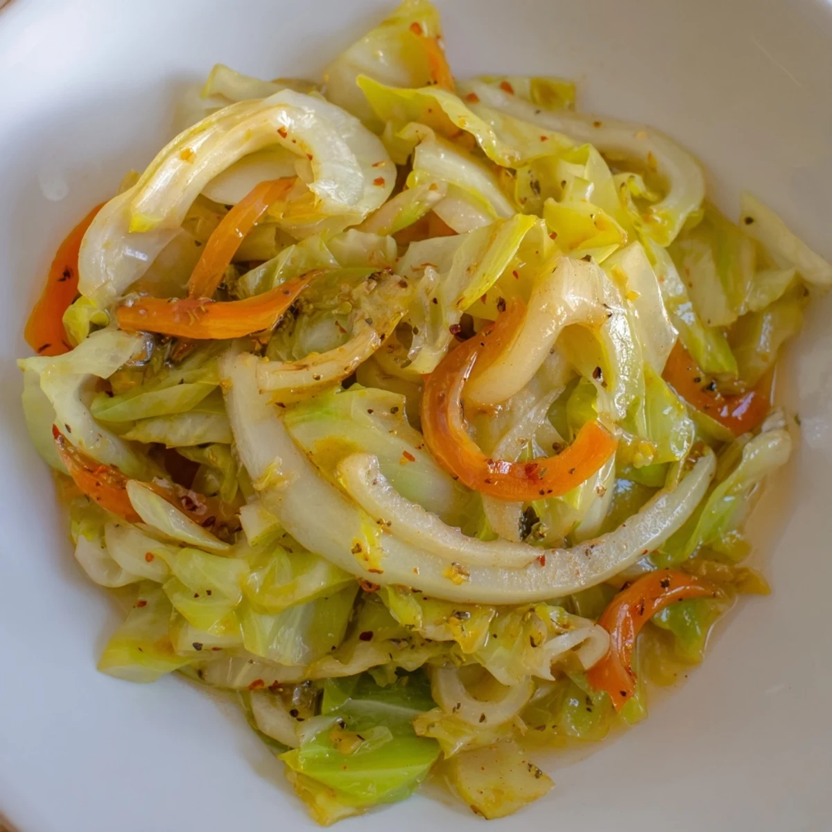 Hearty Savory Braised Cabbage Recipe served hot beside roasted sausages  