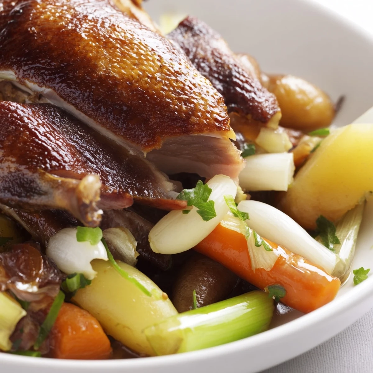 Crispy Braised Duck With Savory Vegetables resting on rustic platter, glossy juices  