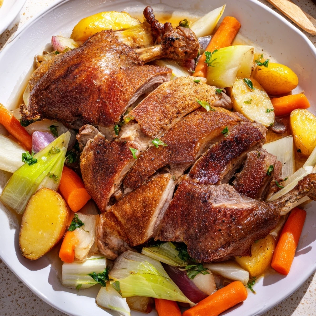 Family-style Crispy Braised Duck With Savory Vegetables served with spoonfuls of jus