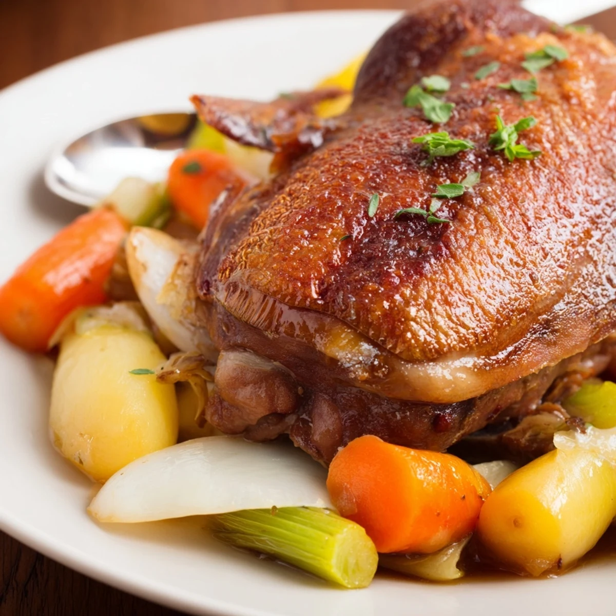 Carved Crispy Braised Duck With Savory Vegetables, golden skin and aromatic braise  