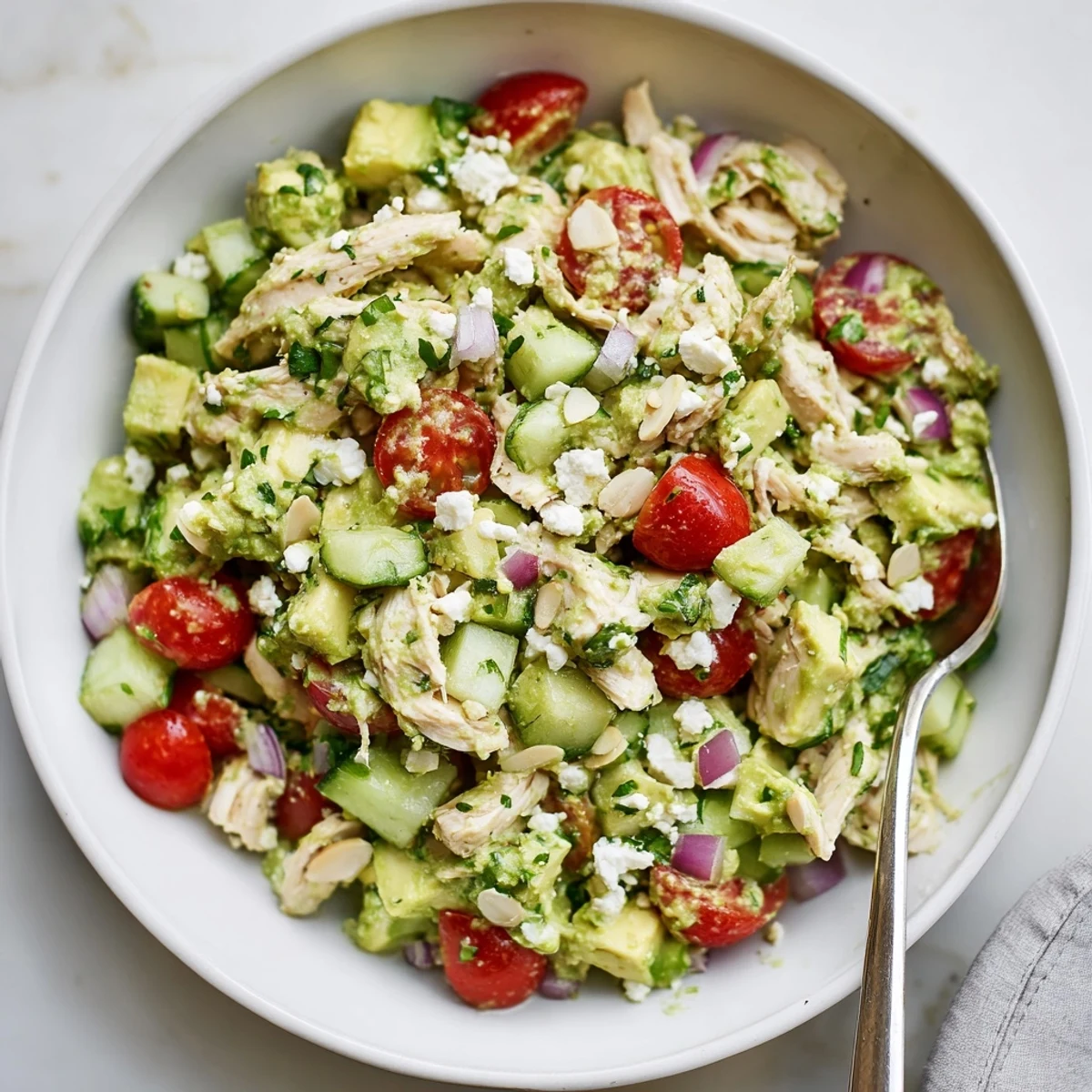 Bright Avocado Chicken Salad with cherry tomatoes, crisp cucumber, cilantro garnish  