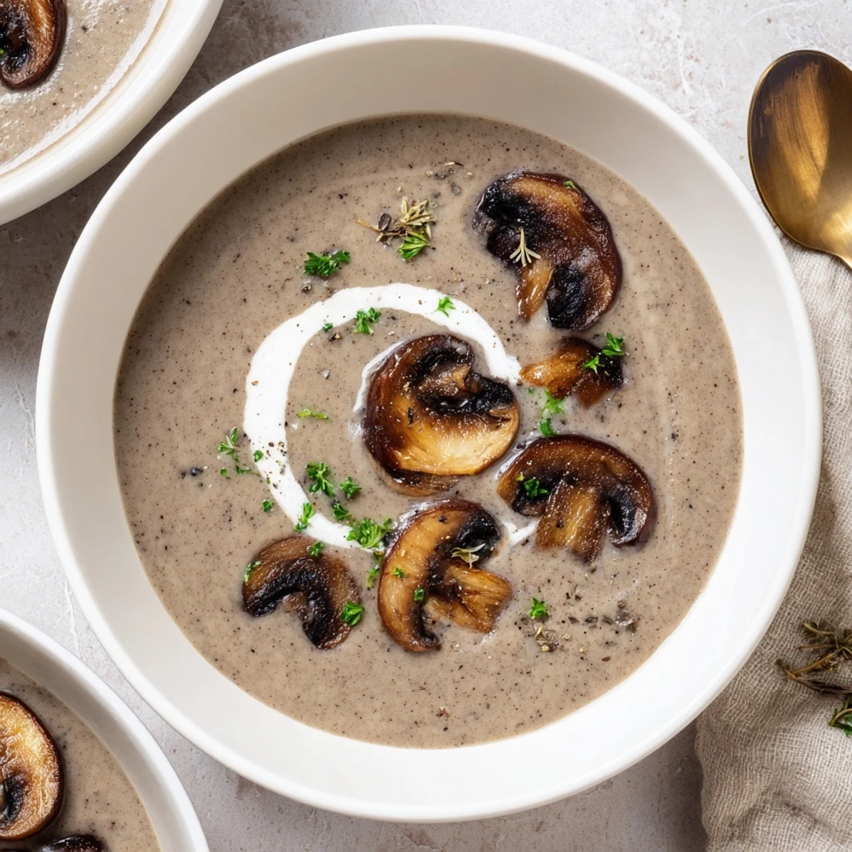 Creamy Mushroom Soup steaming in a bowl, garnished with parsley.  