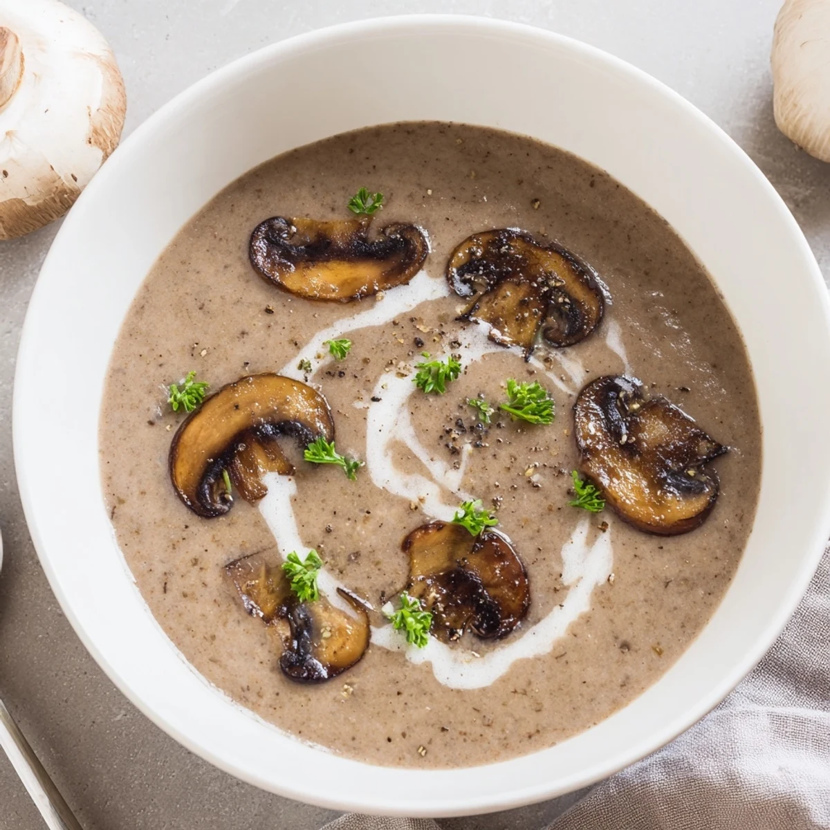 Bowl of Mushroom Soup, earthy aroma, sautéed mushrooms and crusty bread.  