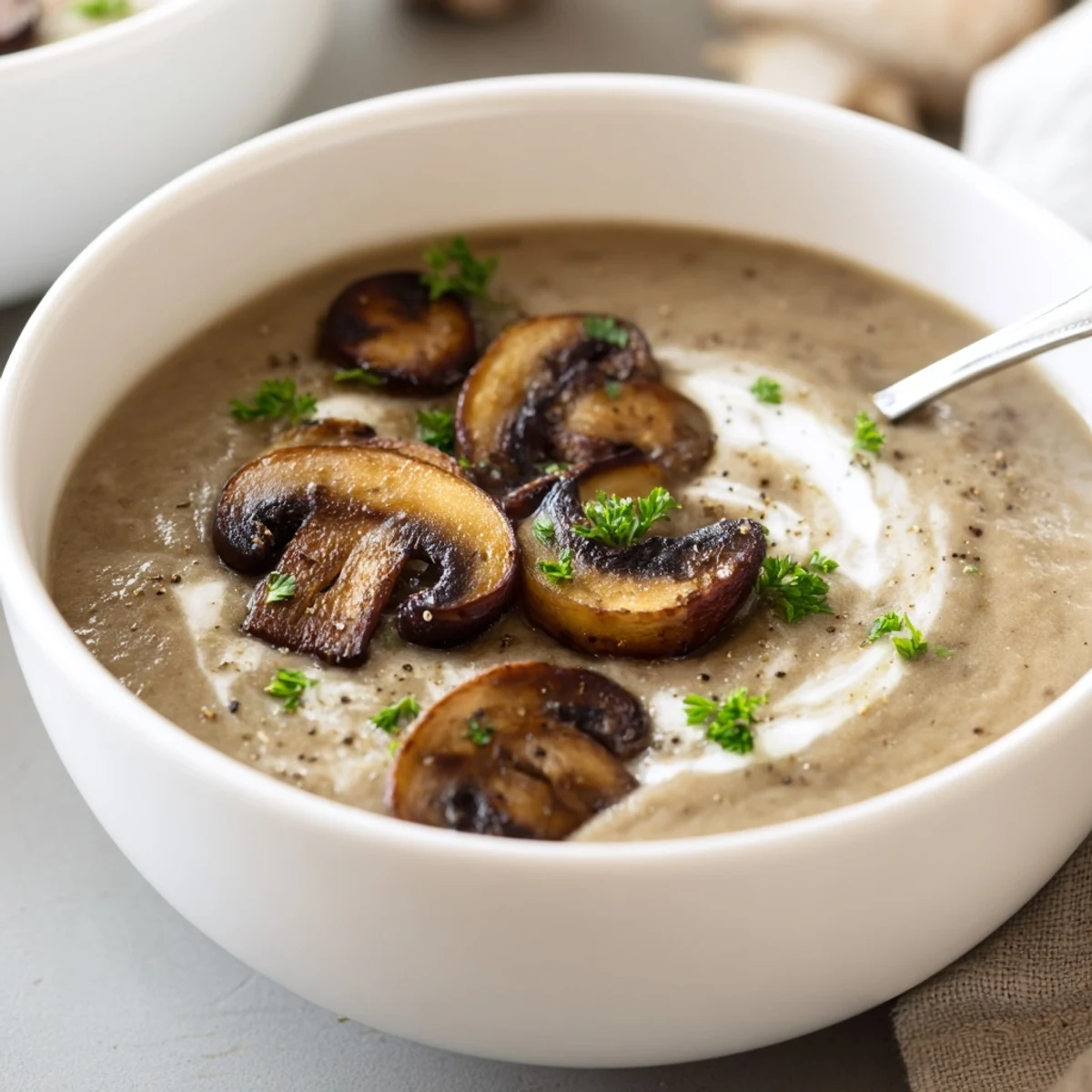 Velvety Mushroom Soup ladled into rustic bowl, black pepper flecks visible.