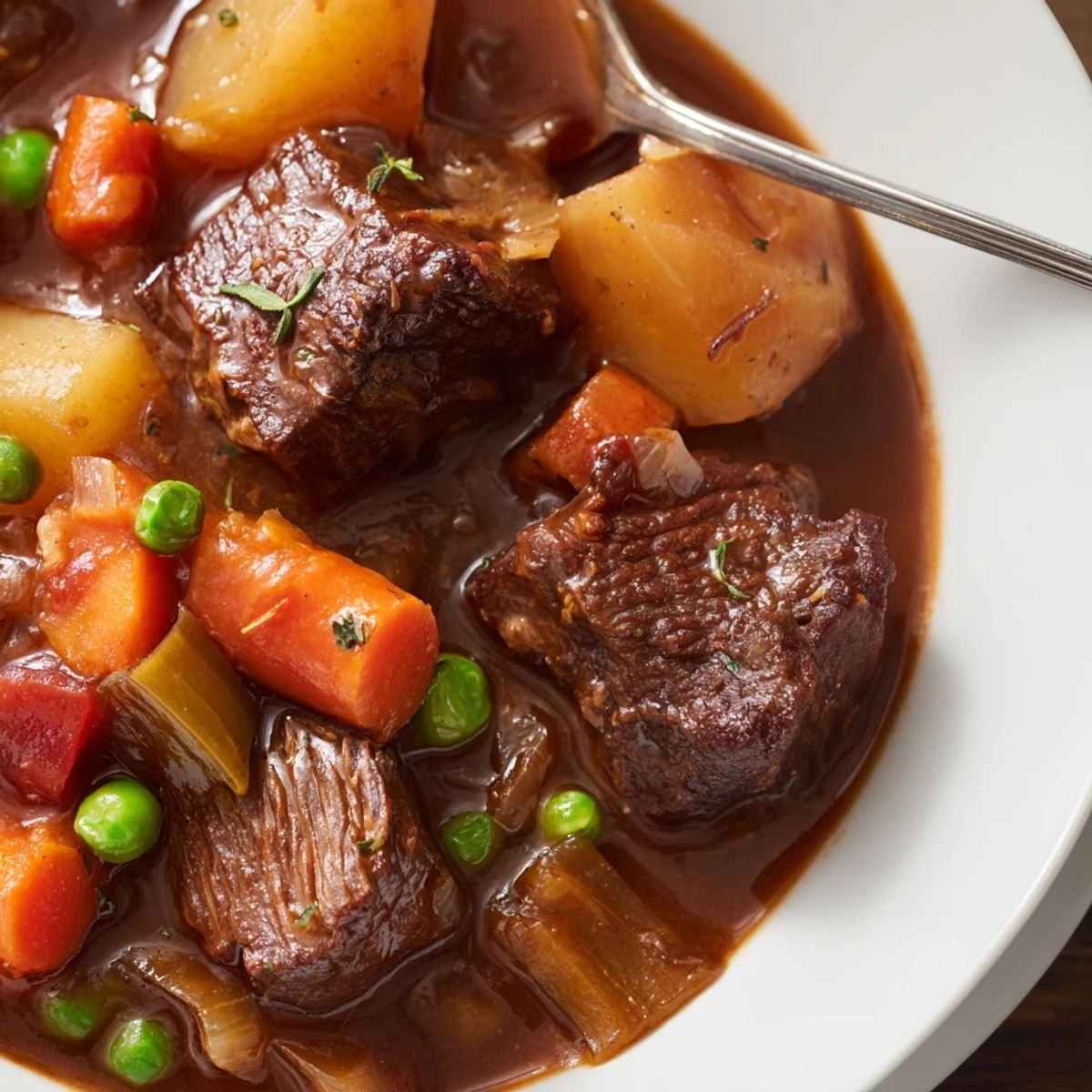 Hearty Beef Stew with tender chunks, steaming in Dutch oven, crusty bread